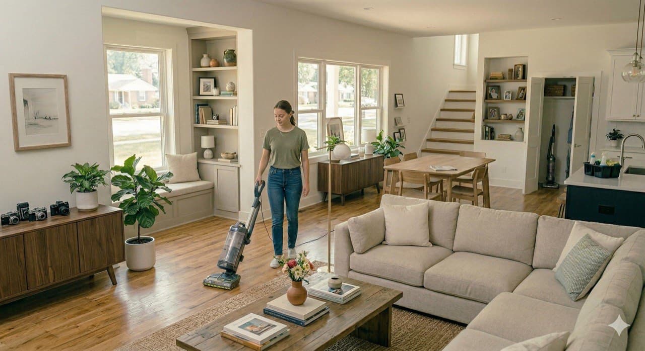 Cincy Maid team member cleaning a bright Cincinnati living room