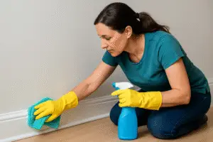 Cleaning baseboards with microfiber cloth
