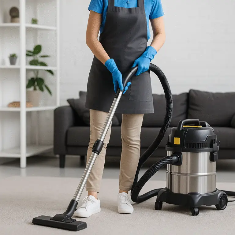 Professional cleaner vacuuming carpet in living room