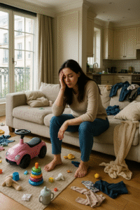 Overwhelmed working parent in a messy Cincinnati home