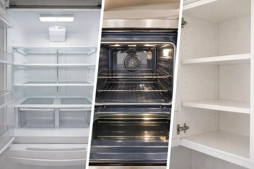 Move-out cleaning includes inside empty fridge, oven, and cabinets